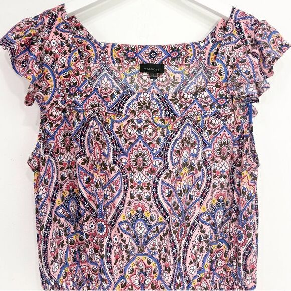 Talbots Majestic Medallion Floral Ruffle Cap Sleeve Tie Waist Pinafore Dress - Picture 4 of 16